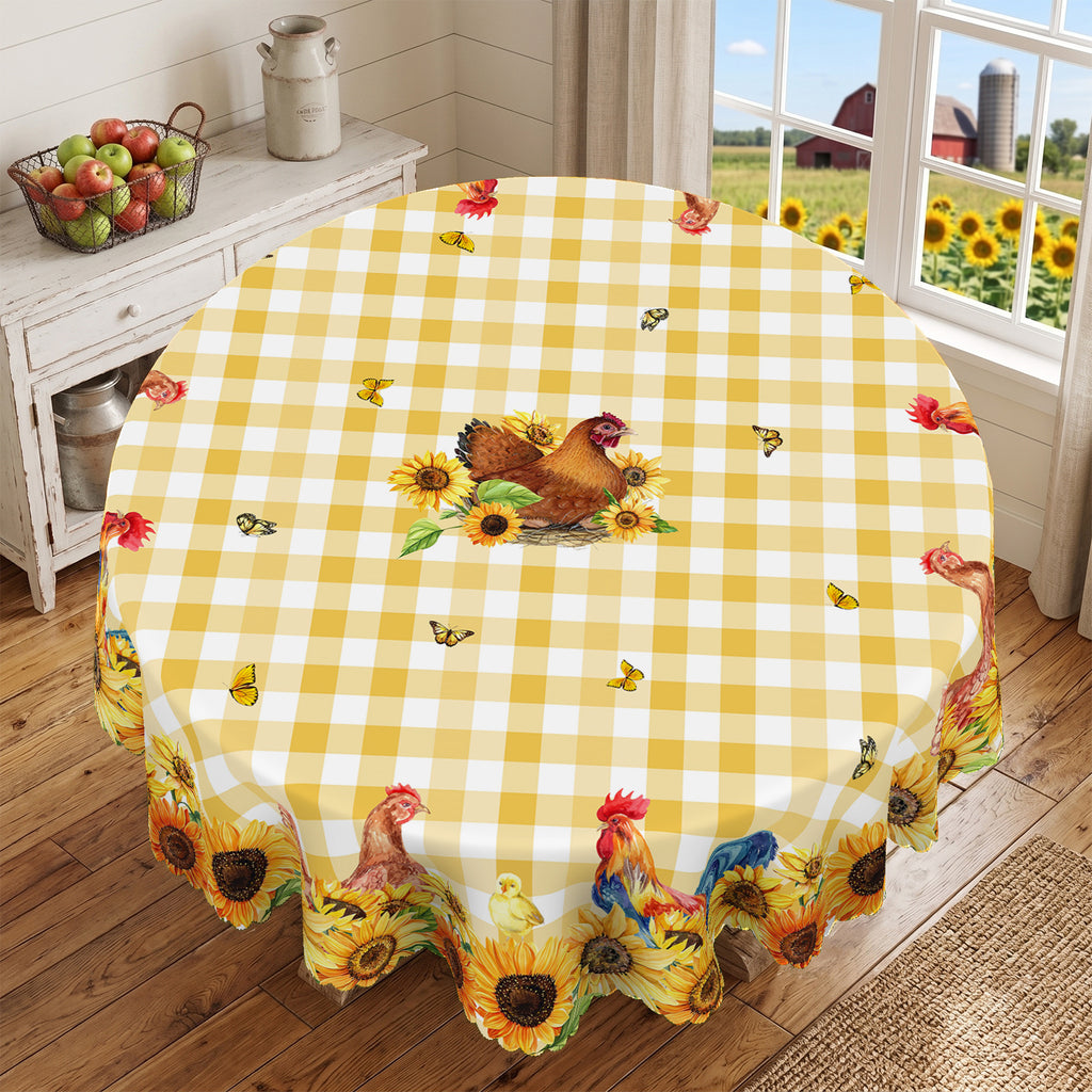 Sunflower Gingham Chicken Round Tablecloth, Decorative Dining Table Cover for Kitchen, Dining & Farmhouse Home Decor - N343-1-152R - image 4