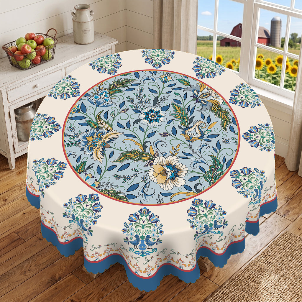 Blue Folk Floral Peacock Round Tablecloth, Decorative Dining Table Cover for Dining Room, Patio & Garden Party Decor - BH014-152R - image 4