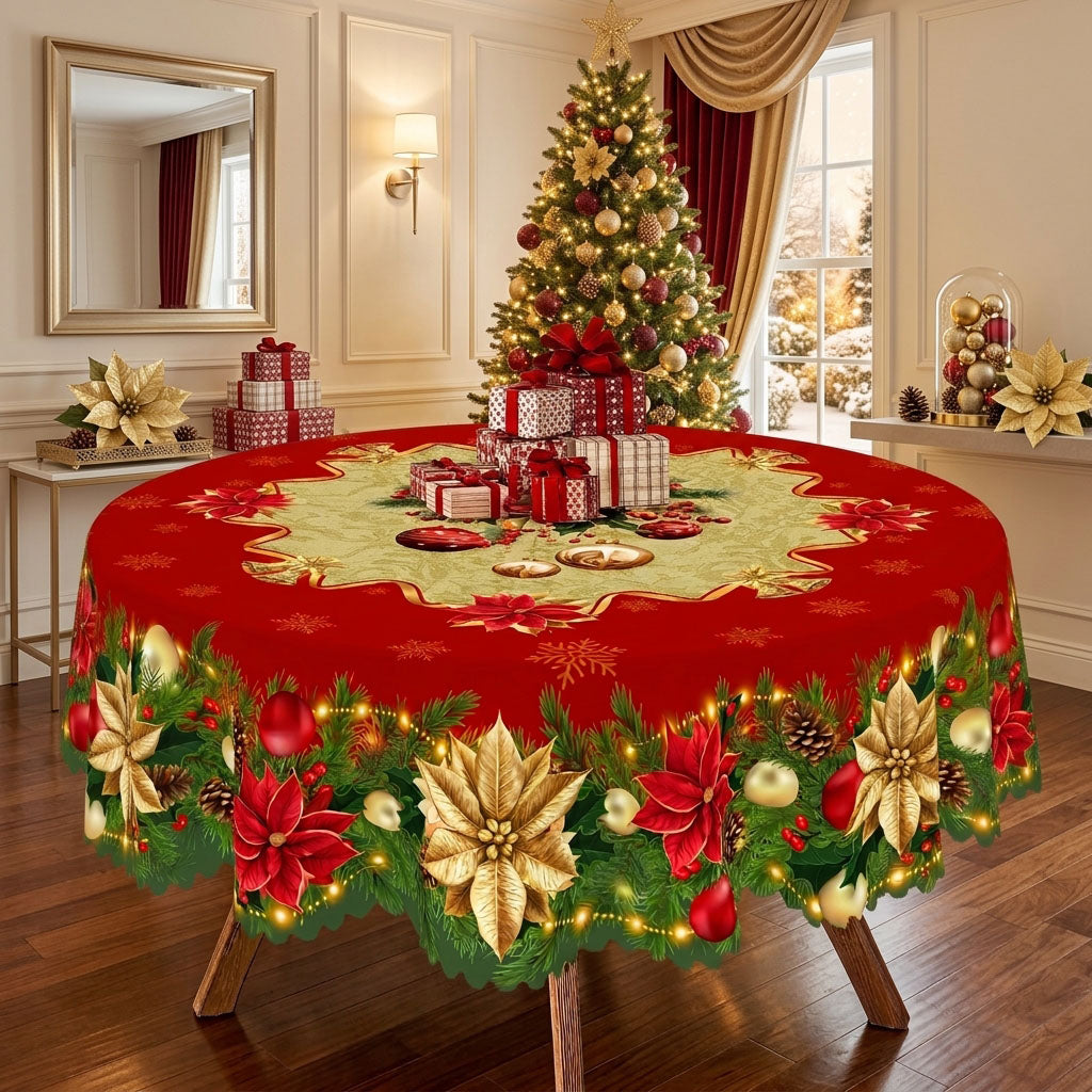 Christmas Holly & Ribbon Round Tablecloth, Decorative Dining Table Cover for Dining, Holiday Parties & Christmas Decor - BS038-152R - image 4