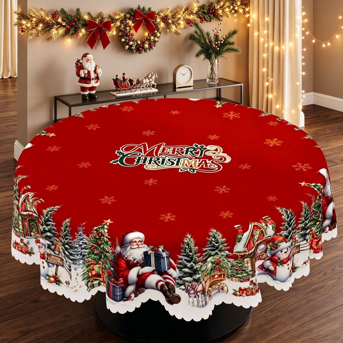 Christmas Santa Village Round Tablecloth, Decorative Dining Table Cover for Dining, Holiday Parties & Christmas Decor - BS001-180R - image 4