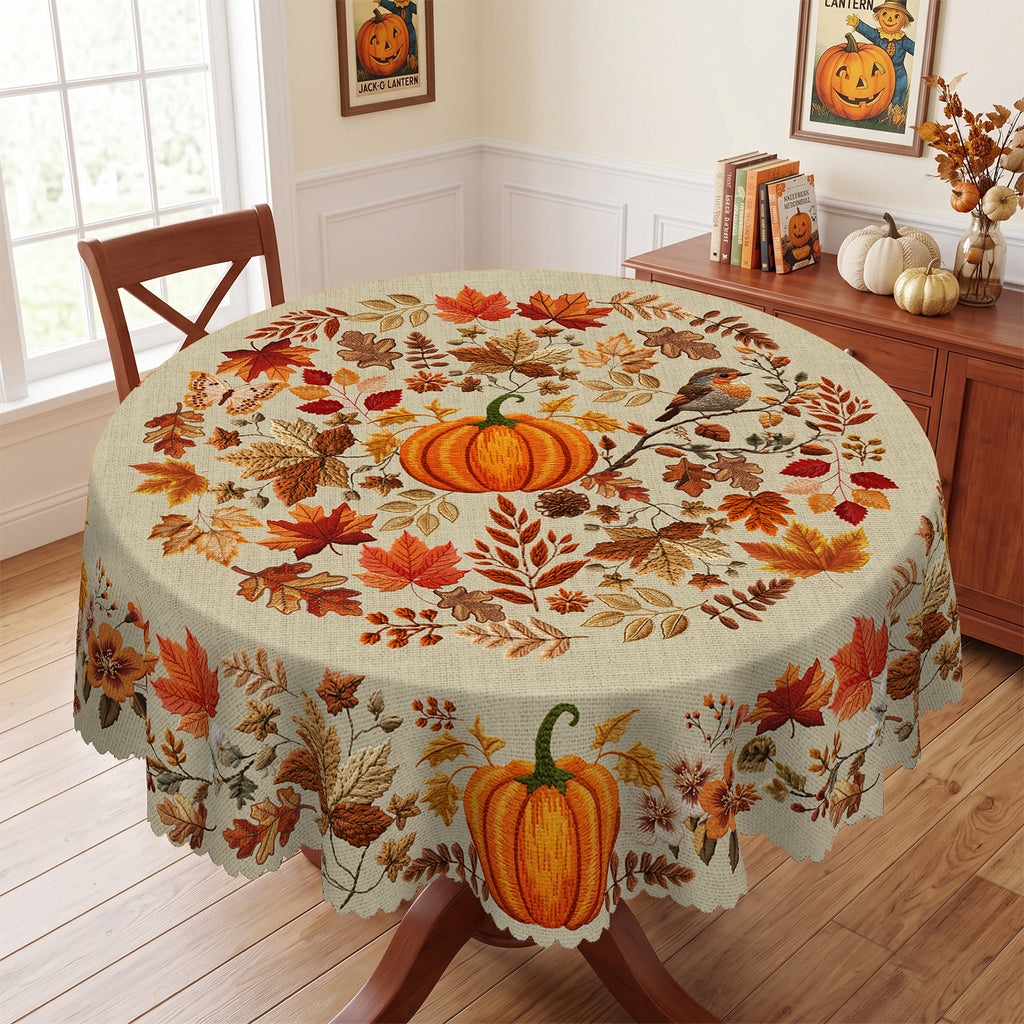 Autumn Pumpkin Floral Round Tablecloth, Decorative Dining Table Cover for Dining, Thanksgiving & Fall Home Decor - BQ004-152R - image 4