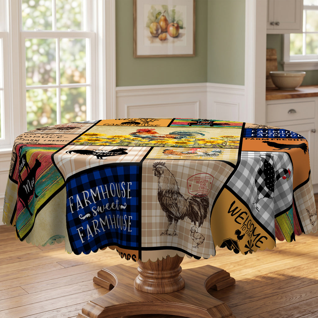 Farm Rooster Patchwork Round Tablecloth, Decorative Dining Table Cover for Kitchen, Dining & Farmhouse Home Decor - N58-1-152R - image 4
