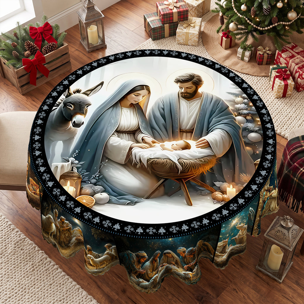 Christmas Nativity Scene Round Tablecloth, Decorative Dining Table Cover for Dining, Holiday Parties & Christmas Decor - SJ063-152R - image 4