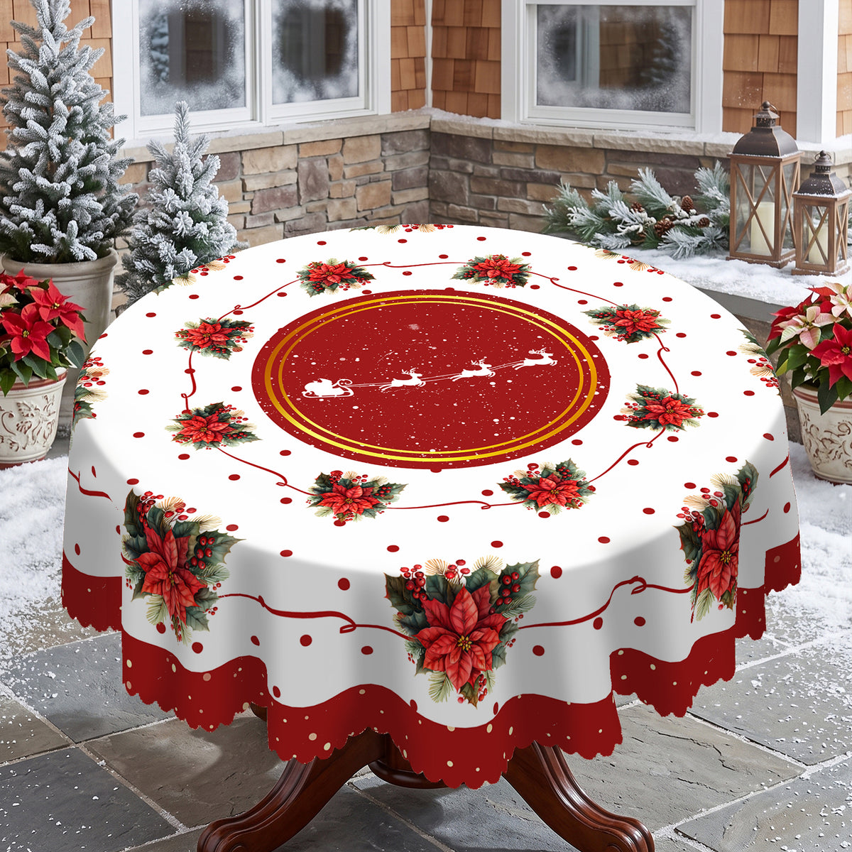 Christmas Red Rose Medallion Round Tablecloth, Decorative Dining Table Cover for Dining, Holiday Parties & Christmas Decor - H138-152R - image 4