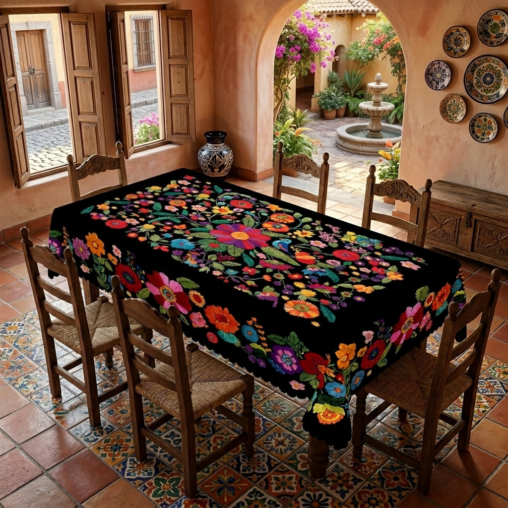 Black Mexican Floral Tablecloth, Decorative Dining Table Cover for Dining, Party & Boho Home Decor - BH015-1-140 - image 4