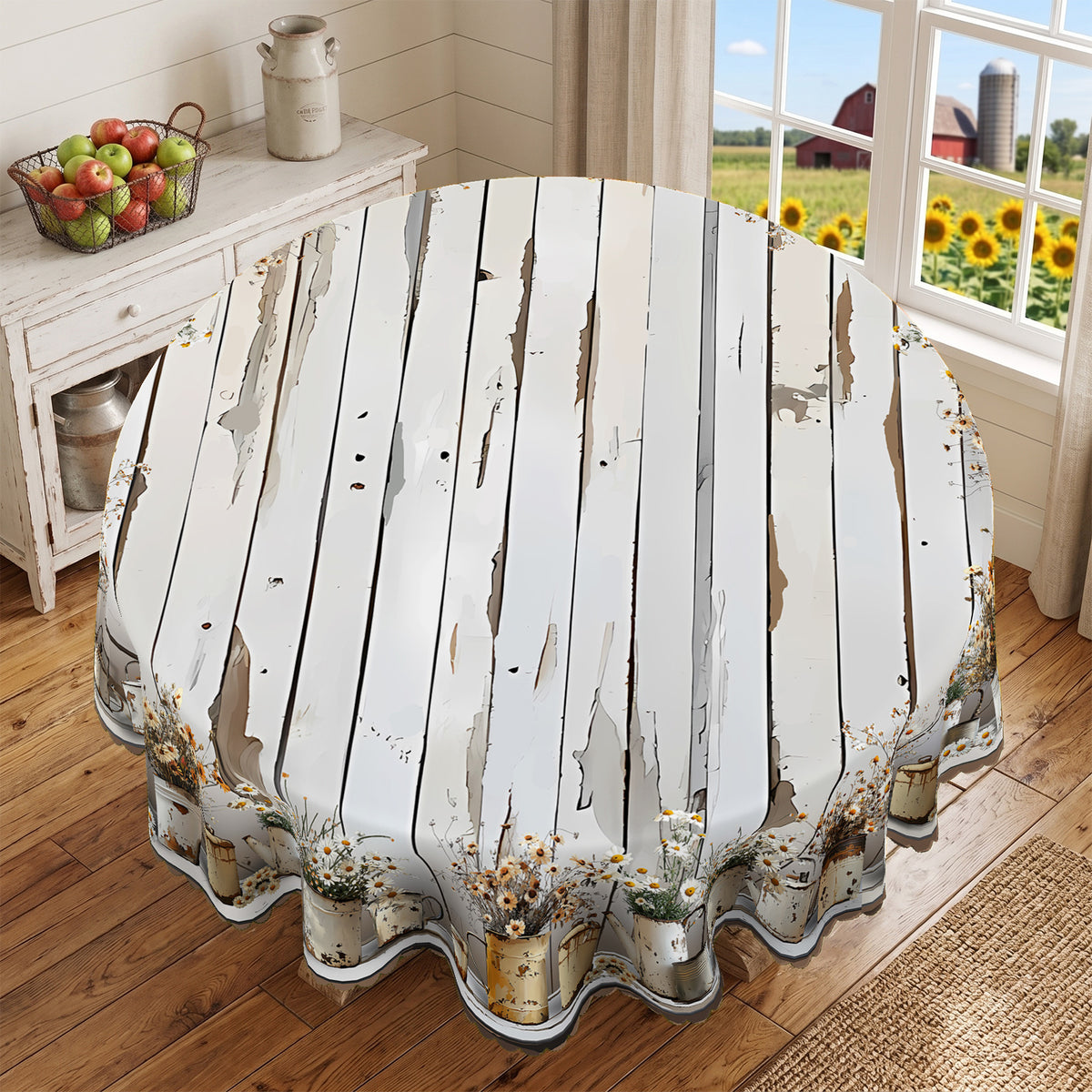 Whitewashed Wood Plank Daisy Round Tablecloth, Decorative Dining Table Cover for Kitchen, Dining & Farmhouse Home Decor - BN008-1-152R - image 4