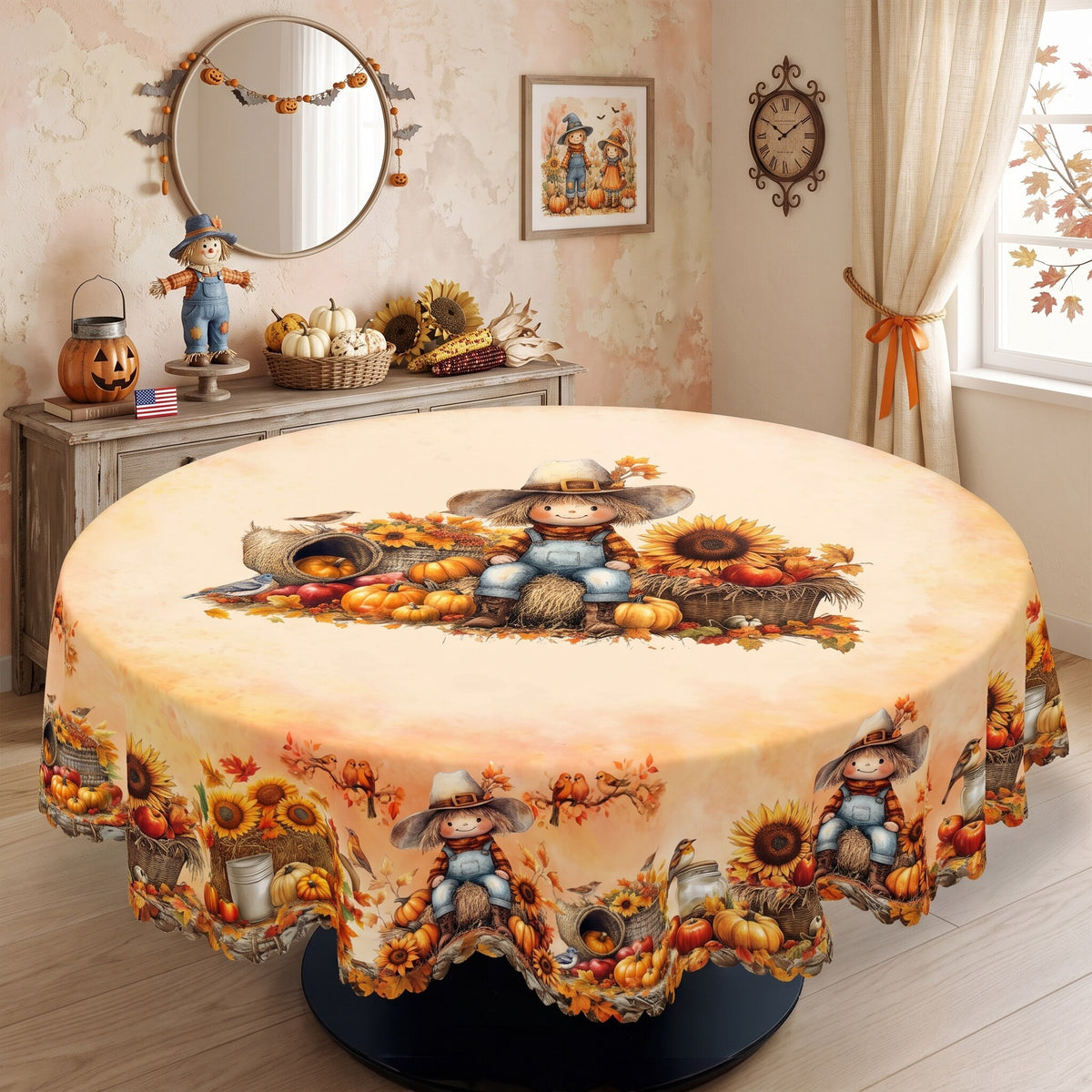 Autumn Pumpkin Patch Round Tablecloth, Decorative Dining Table Cover for Dining, Thanksgiving & Fall Home Decor - BQ008-152R - image 4