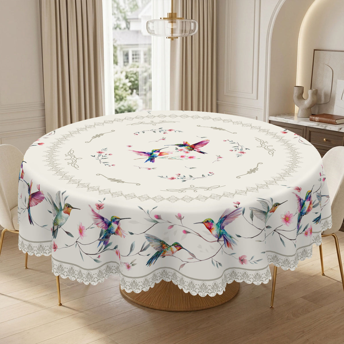 Hummingbird Spring Floral Round Tablecloth, Decorative Dining Table Cover for Dining Room, Garden Party & Spring Decor - CT001-1-152R - image 4