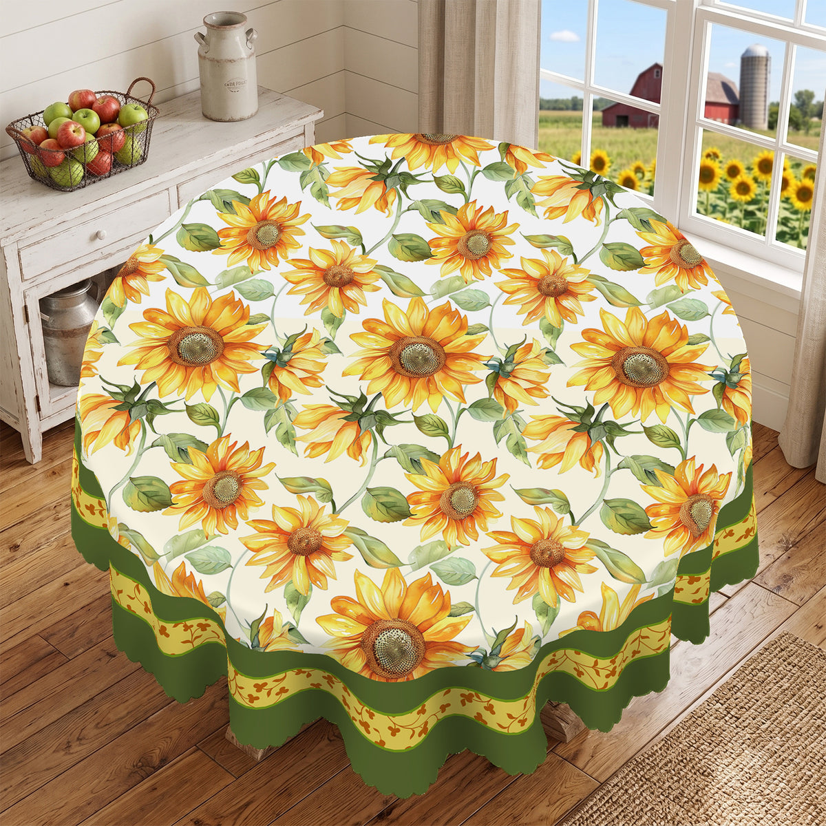 Sunflower Green Border Round Tablecloth, Decorative Dining Table Cover for Dining Room, Patio & Garden Parties - BH006-152R - image 4