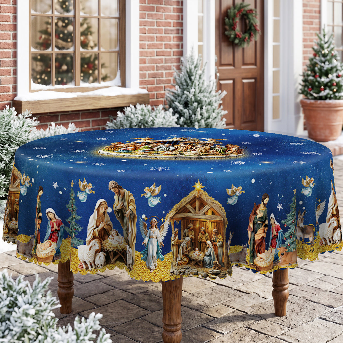 Blue Starry Nativity Round Tablecloth, Decorative Dining Table Cover for Dining, Holiday Parties & Christmas Decor - BS042-180R - image 4