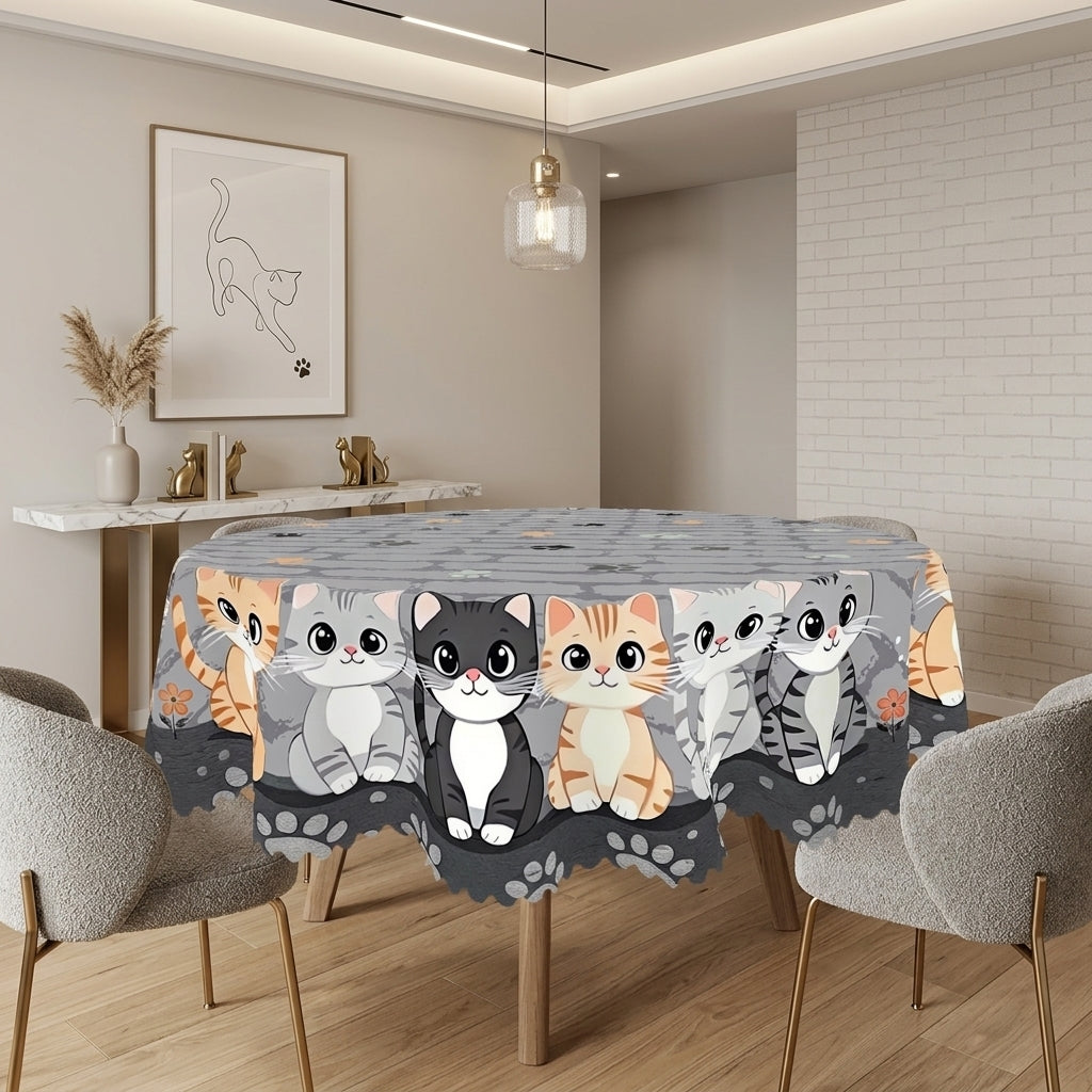 Gray Cat & Floral Round Tablecloth, Decorative Dining Table Cover for Kitchen, Dining & Cat Lover Home Decor - BM003-152R - image 4
