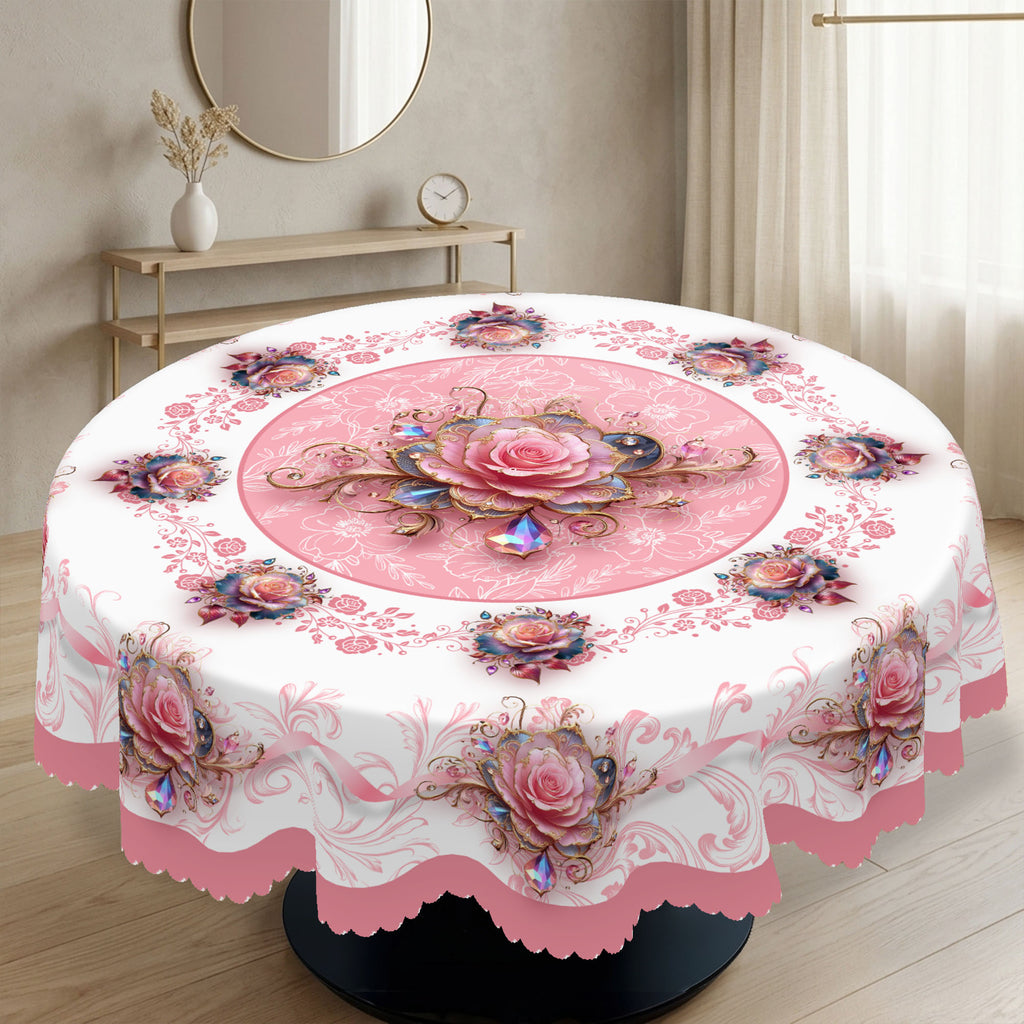Pink Rose 3D Floral Round Tablecloth, Decorative Dining Table Cover for Dining Room, Party & Elegant Home Decor - BH003-1-152R - image 4