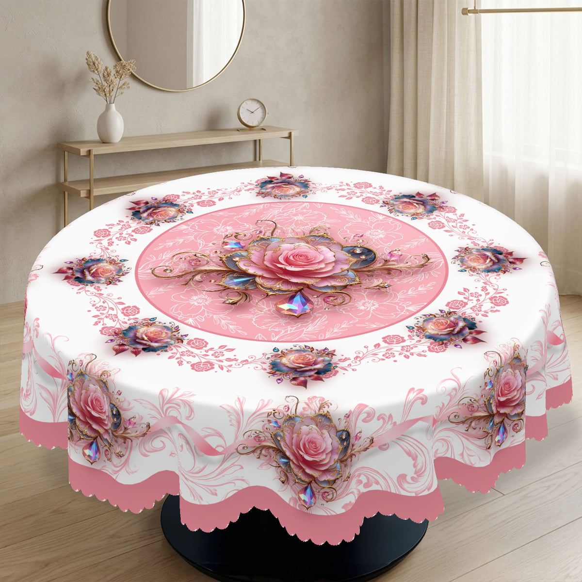 Pink Rose 3D Floral Round Tablecloth, Decorative Dining Table Cover for Dining Room, Party & Elegant Home Decor - BH003-1-152R - image 4