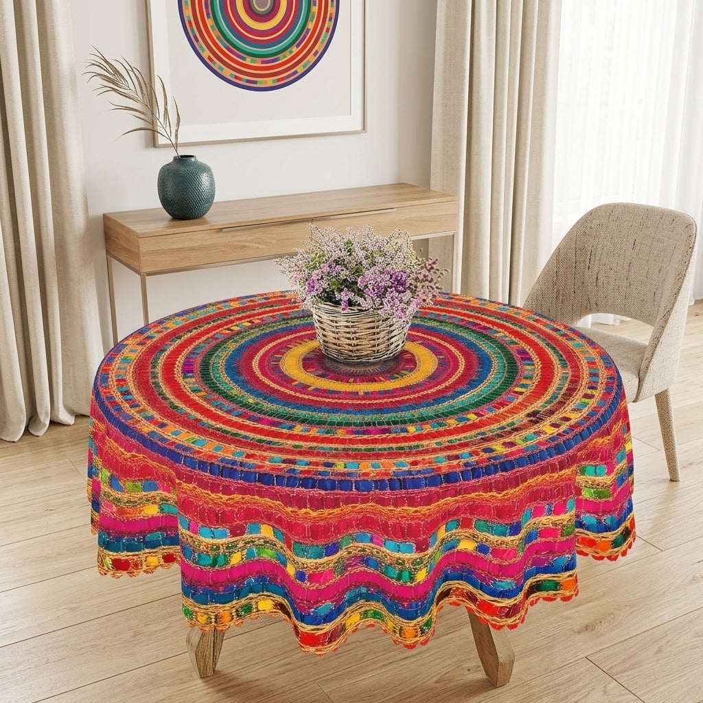 Colorful Boho Geometric Round Tablecloth, Decorative Dining Table Cover for Dining, Party, Patio & Boho Home Decor - BX010-1-152R - image 4