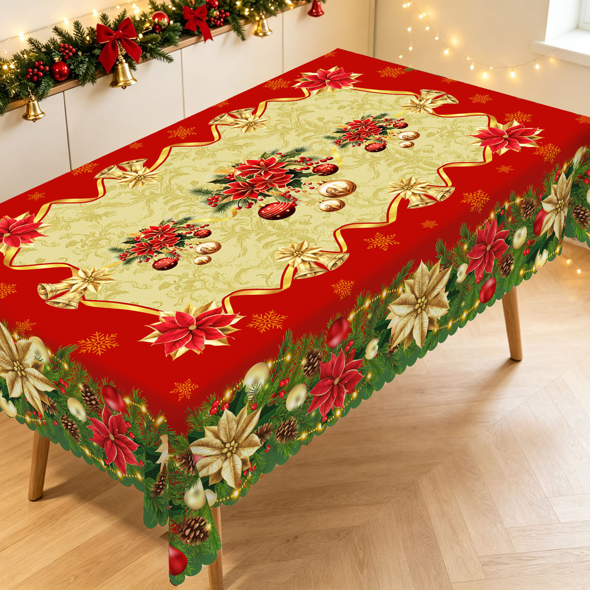 Christmas Holly & Ribbon Tablecloth, Decorative Dining Table Cover for Dining, Holiday Parties & Christmas Decor - BS038-220 - image 4