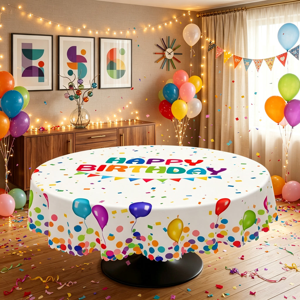 Happy Birthday Balloon Round Tablecloth, Decorative Dining Table Cover for Birthday Parties, Dining & Celebration Decor - HBD001-1-152R - image 4
