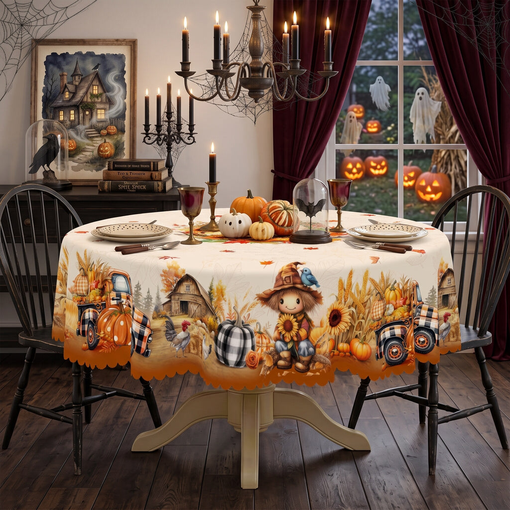 Autumn Scarecrow Harvest Round Tablecloth, Decorative Dining Table Cover for Dining, Thanksgiving & Farmhouse Fall Decor - BQ011-180R - image 4