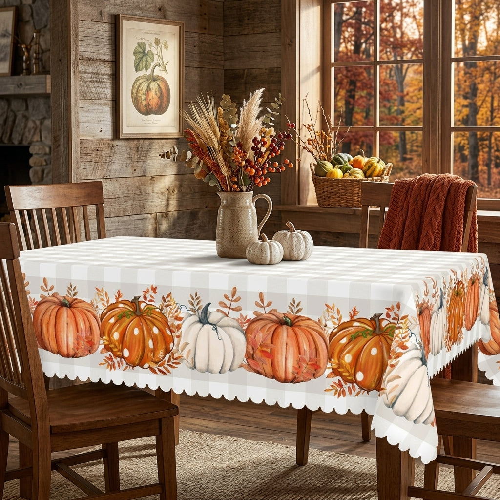 Fall Pumpkin Gingham Tablecloth, Decorative Dining Table Cover for Thanksgiving, Fall Dining & Farmhouse Decor - BQ001-220 - image 4