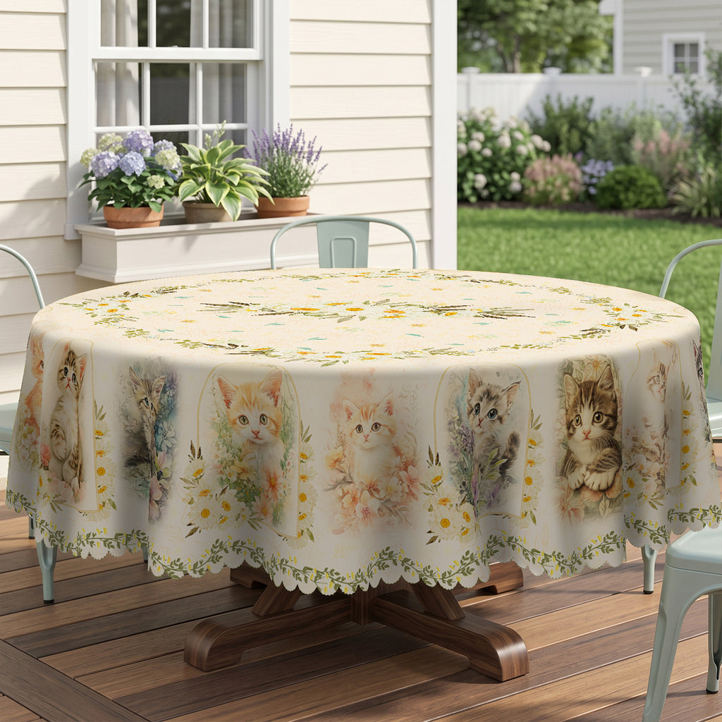 Kitten & Daisy Floral Round Tablecloth, Decorative Dining Table Cover for Kitchen, Dining & Pet Lover Home Decor - BM002-1-152R - image 4