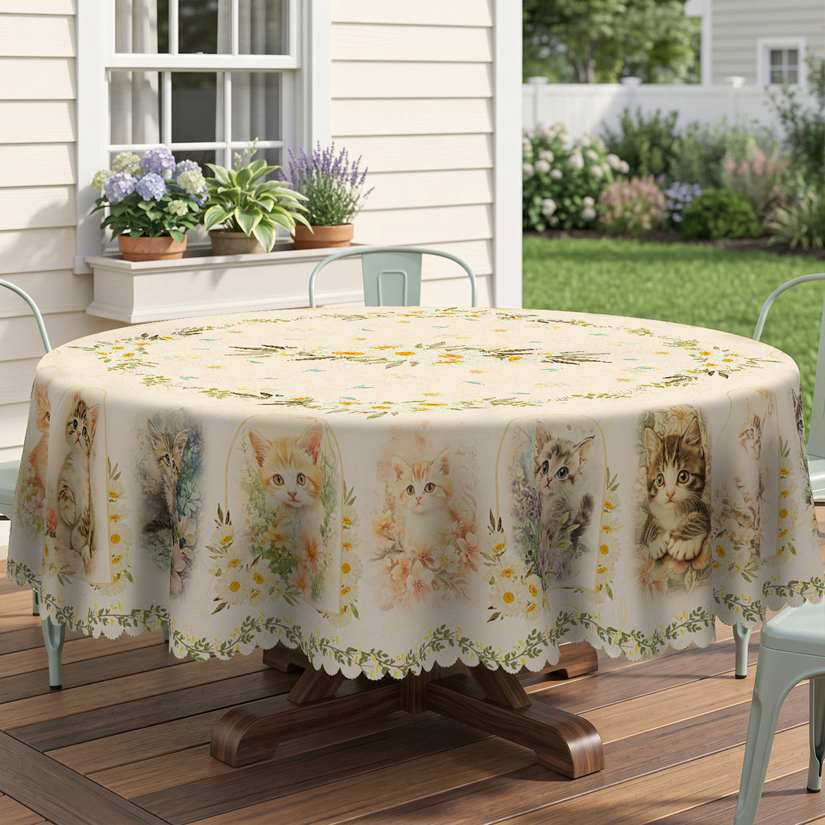 Kitten & Daisy Floral Round Tablecloth, Decorative Dining Table Cover for Kitchen, Dining & Pet Lover Home Decor - BM002-1-152R - image 4