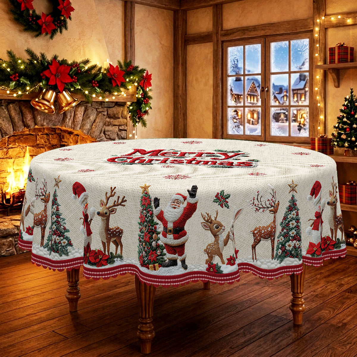 Merry Christmas Floral Round Tablecloth, Decorative Dining Table Cover for Dining, Holiday Parties & Christmas Decor - BS034-180 - image 4