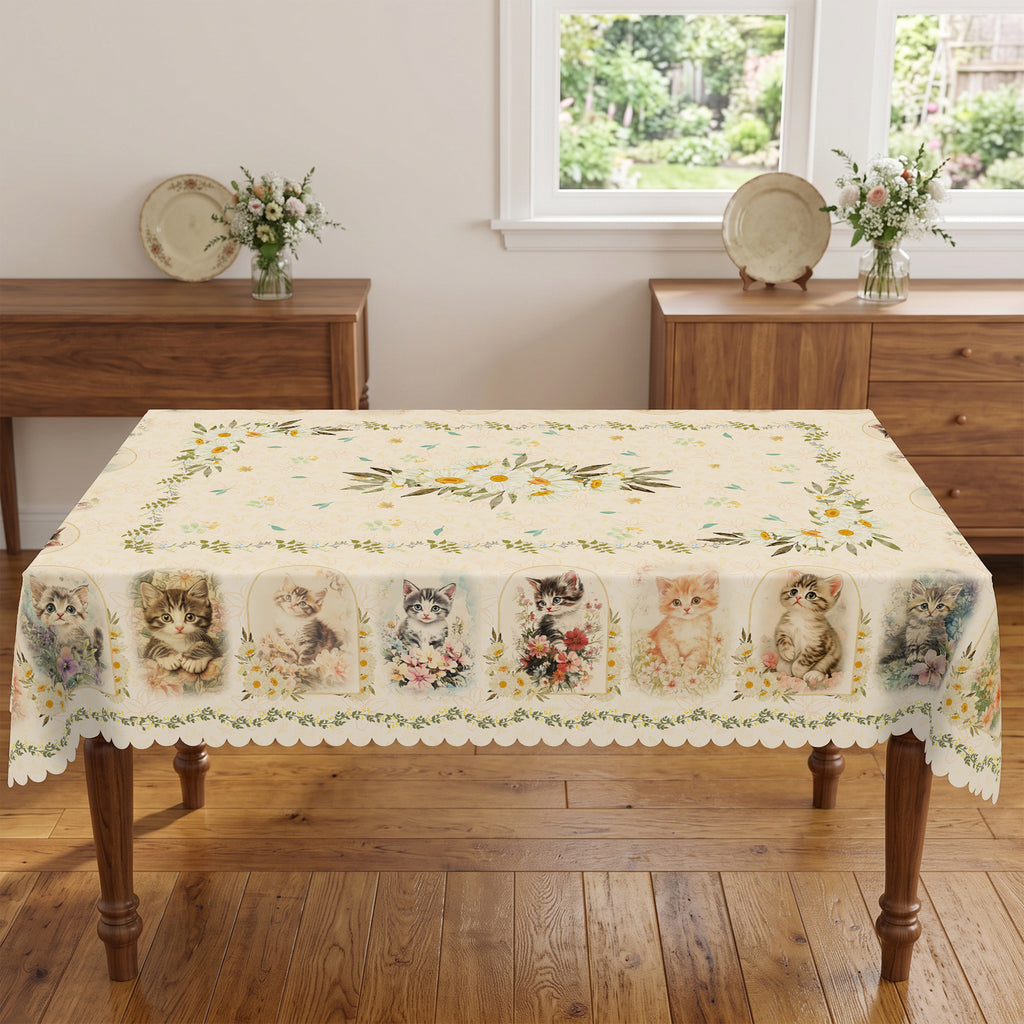 Kitten & Daisy Floral Tablecloth, Decorative Dining Table Cover for Kitchen, Dining & Pet Lover Home Decor - BM002-220 - image 4