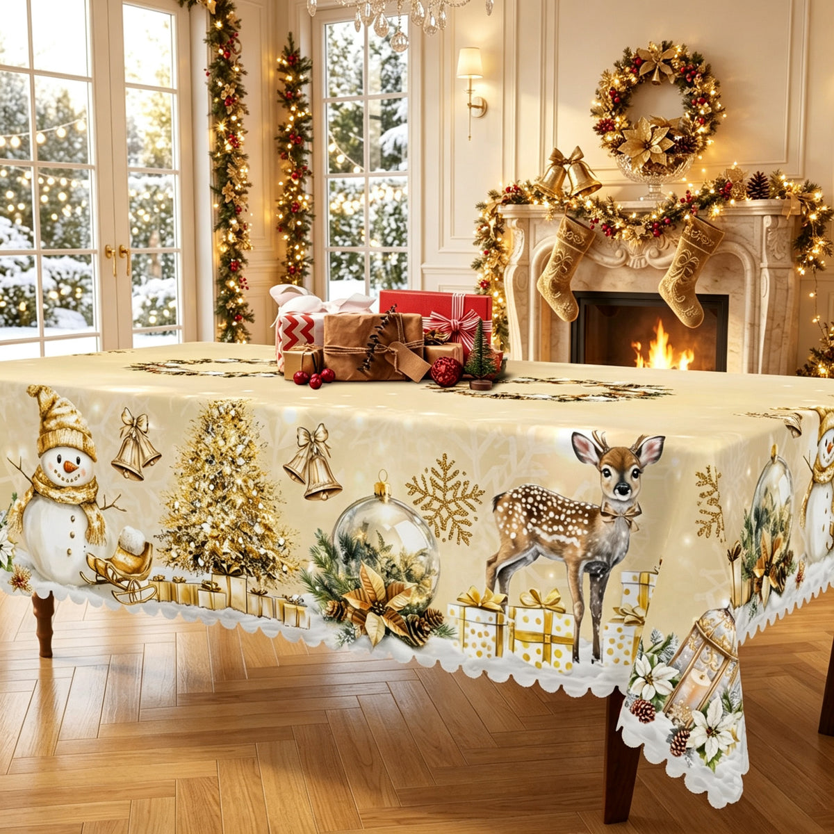 Christmas Holly & Poinsettia Tablecloth, Decorative Dining Table Cover for Dining, Holiday Parties & Christmas Decor - BS002-305 - image 4