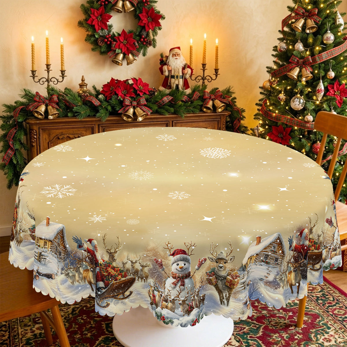 Christmas Tree Village Round Tablecloth, Decorative Dining Table Cover for Dining, Holiday Parties & Christmas Decor - BS035-152R - image 4