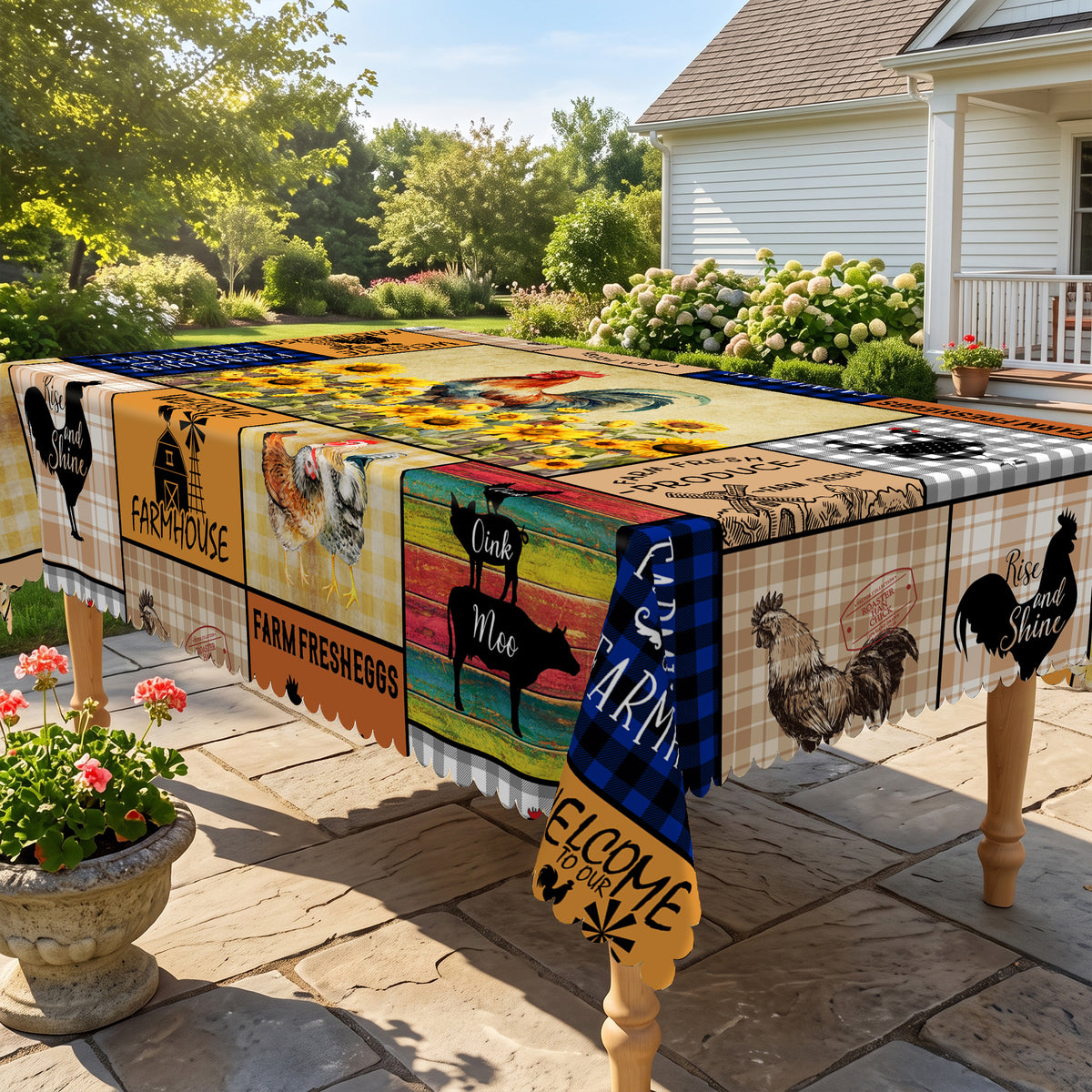 Farm Rooster Patchwork Tablecloth, Decorative Dining Table Cover for Kitchen, Dining & Farmhouse Home Decor - N58-220 - image 4