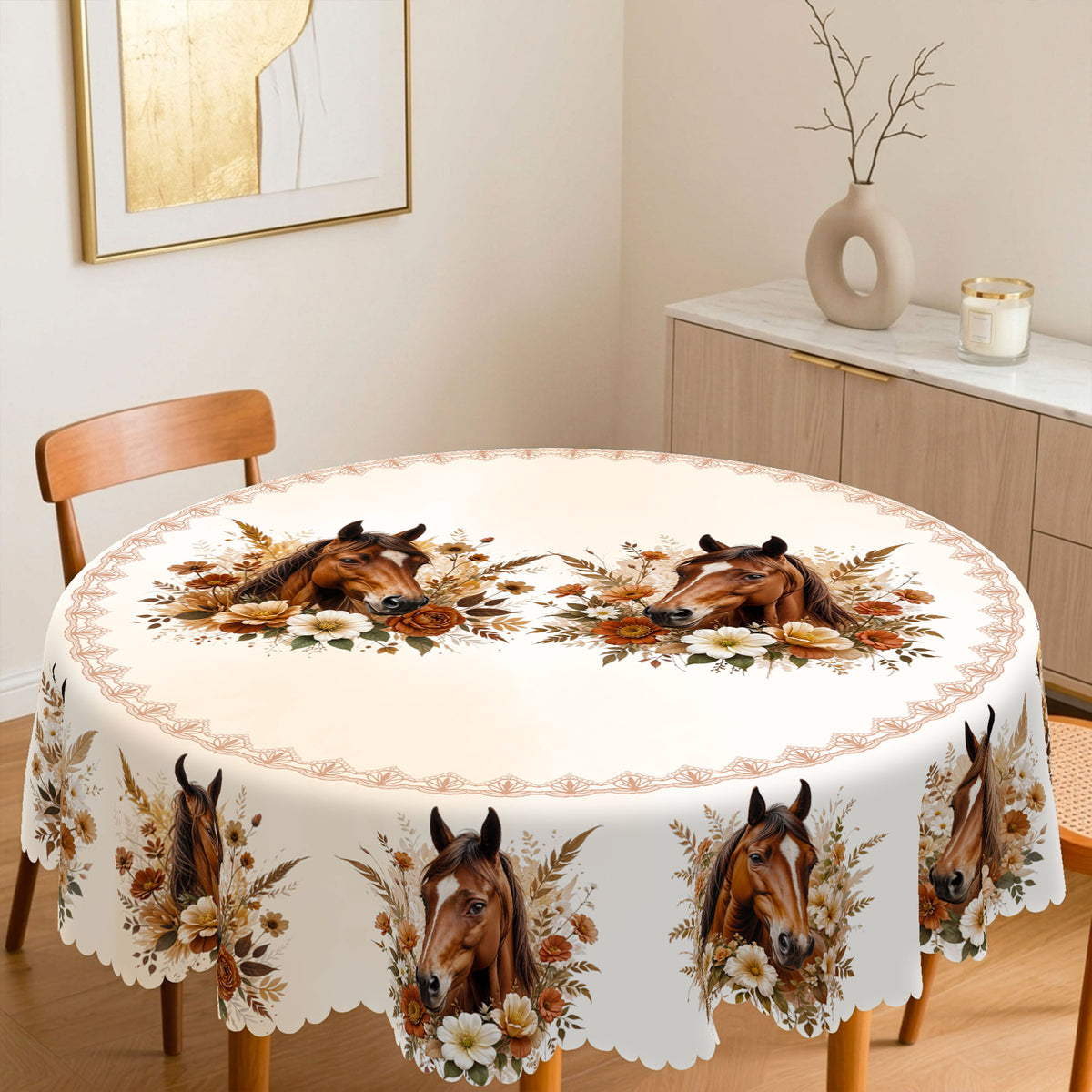 Vintage Horse & Floral Round Tablecloth, Decorative Dining Table Cover for Dining Room, Farmhouse & Country Decor - CT006-152R - image 4