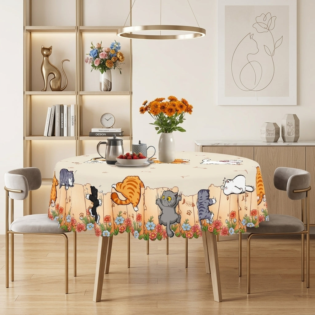 Colorful Cat & Floral Round Tablecloth, Decorative Dining Table Cover for Kitchen, Dining & Cat Lover Home Decor - M027-1-152R - image 4