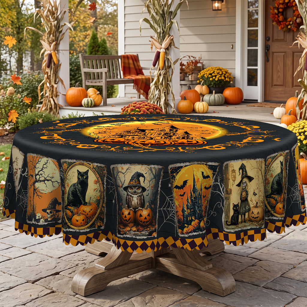 Halloween Cat & Pumpkin Round Tablecloth, Decorative Dining Table Cover for Halloween Parties, Dining & Fall Decor - BW001-180R - image 4