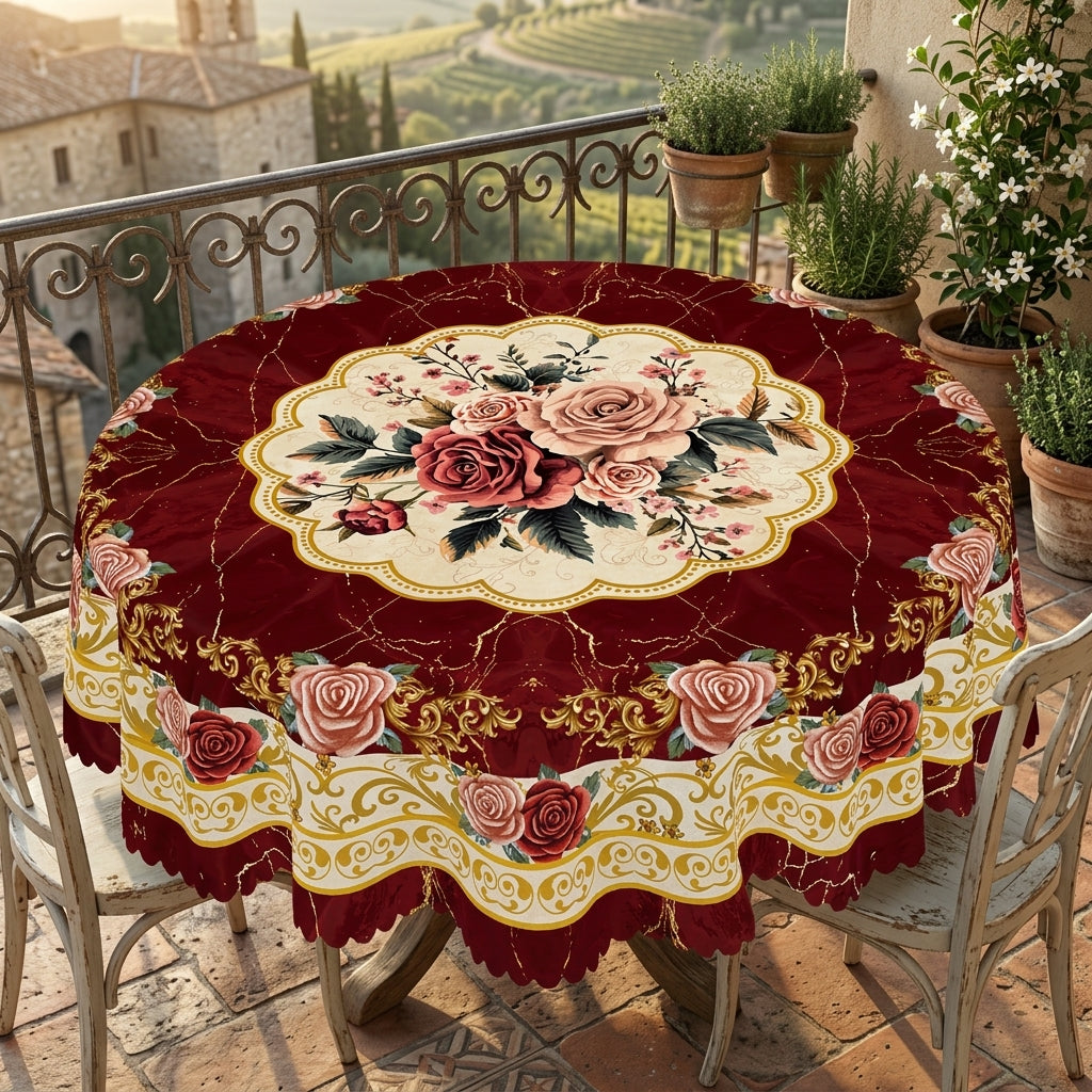 Burgundy Rose Baroque Round Tablecloth, Decorative Dining Table Cover for Dining Room, Wedding, Party & Vintage Home Decor - H006-1-152R - image 4