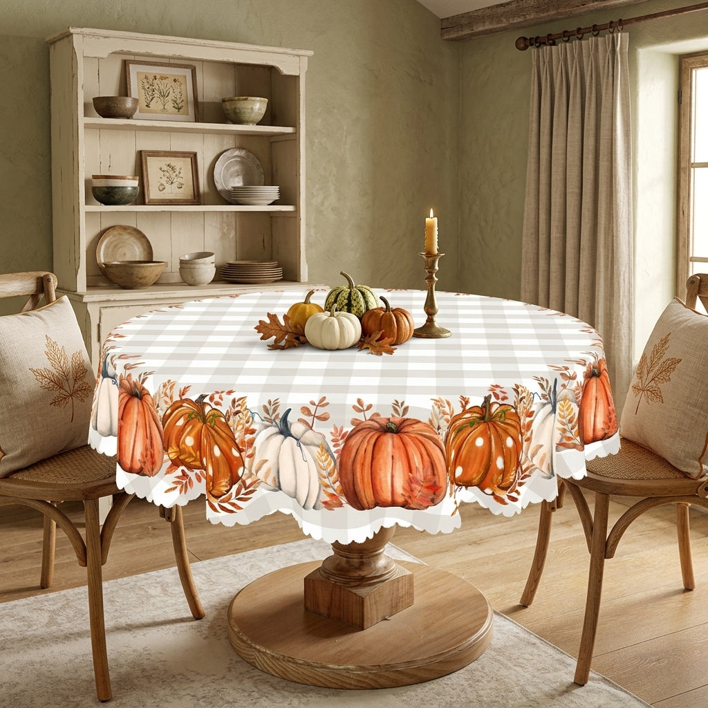 Fall Pumpkin Gingham Round Tablecloth, Decorative Dining Table Cover for Thanksgiving, Fall Dining & Farmhouse Decor - BQ001-152R - image 4