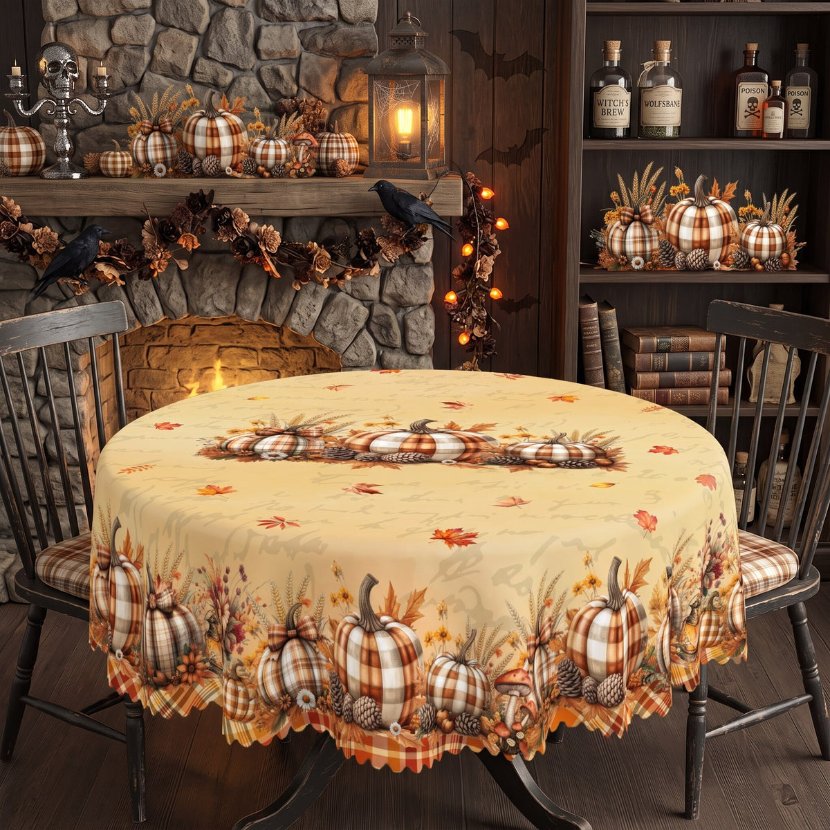 Plaid Pumpkin Harvest Round Tablecloth, Decorative Dining Table Cover for Dining, Thanksgiving & Farmhouse Fall Decor - BQ006-180R - image 4