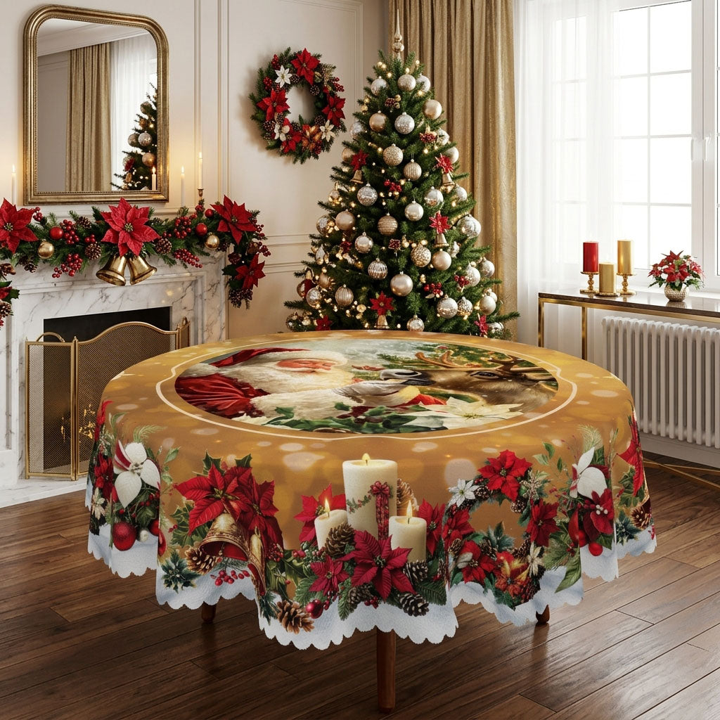 Christmas Santa & Deer Round Tablecloth, Decorative Dining Table Cover for Dining, Holiday Parties & Christmas Decor - BS003-180R - image 5