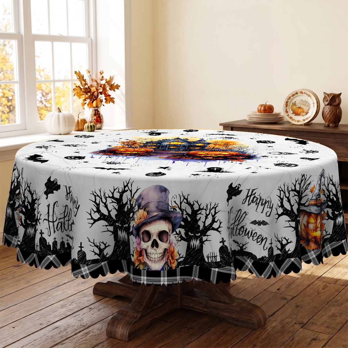 Halloween Spooky Garden Round Tablecloth, Decorative Dining Table Cover for Halloween Parties, Dining & Fall Decor - BW003-152R - image 5