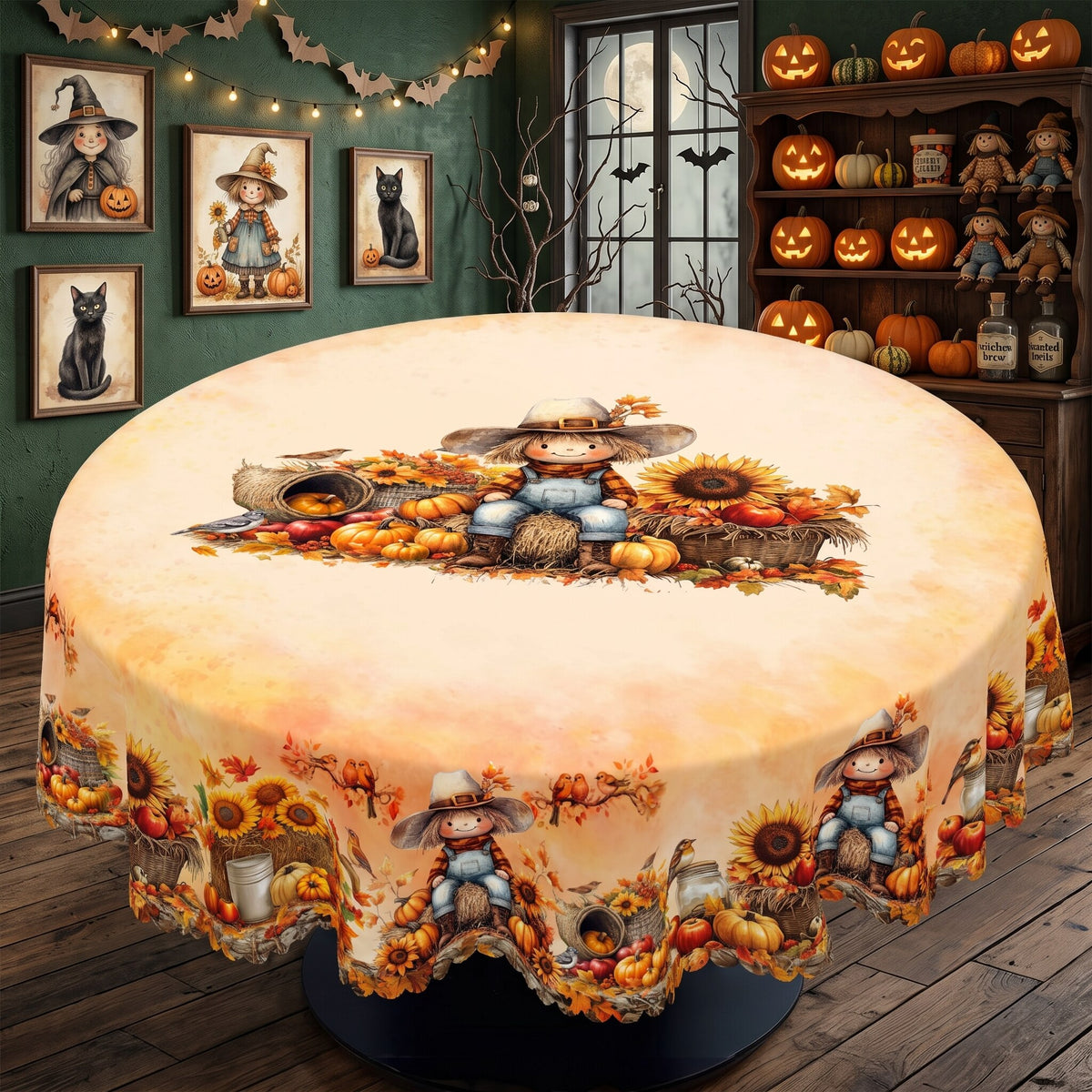 Autumn Pumpkin Patch Round Tablecloth, Decorative Dining Table Cover for Dining, Thanksgiving & Fall Home Decor - BQ008-152R - image 5