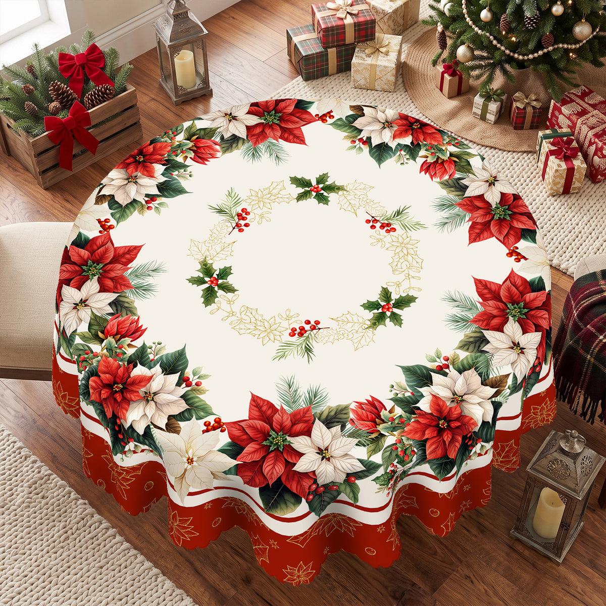 Christmas Eucalyptus Wreath Round Tablecloth, Decorative Dining Table Cover for Dining, Holiday Parties & Christmas Decor - BS032-152R - image 5