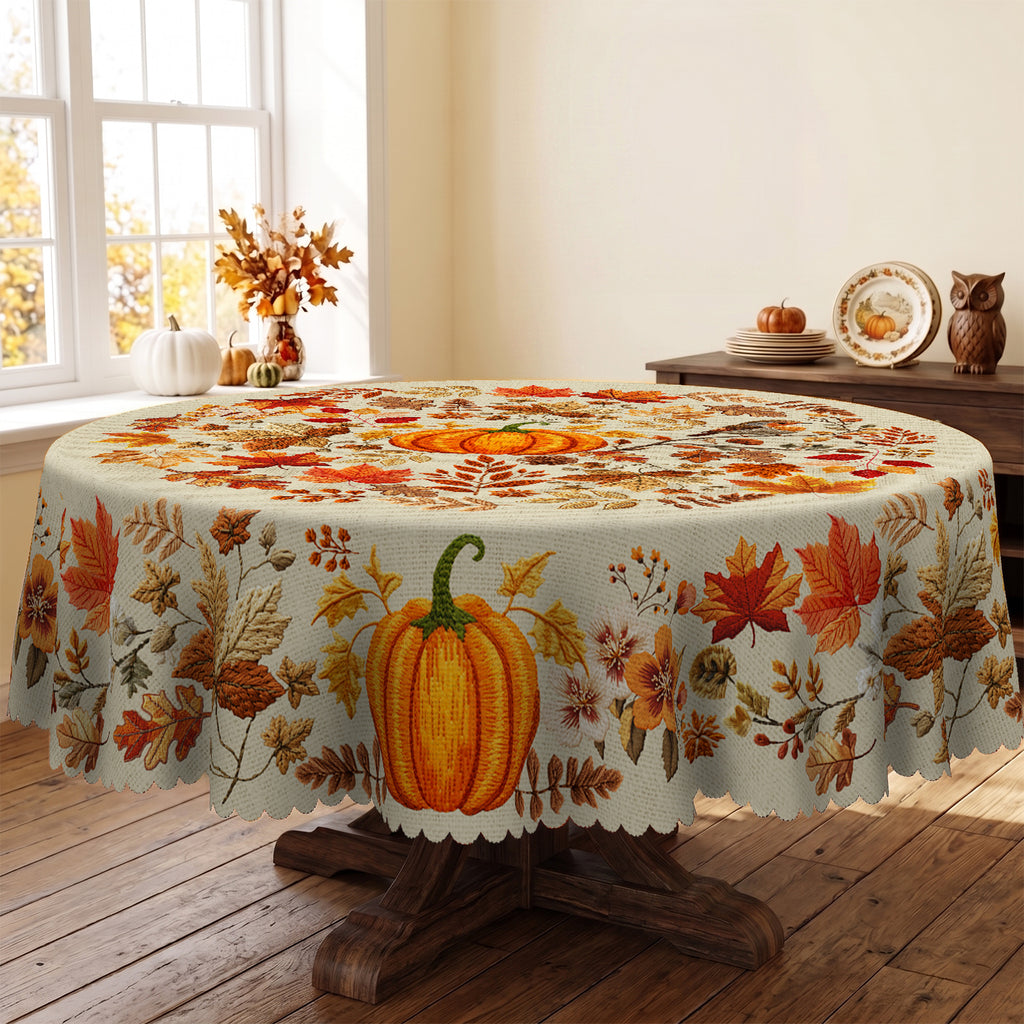 Autumn Pumpkin Floral Round Tablecloth, Decorative Dining Table Cover for Dining, Thanksgiving & Fall Home Decor - BQ004-152R - image 5