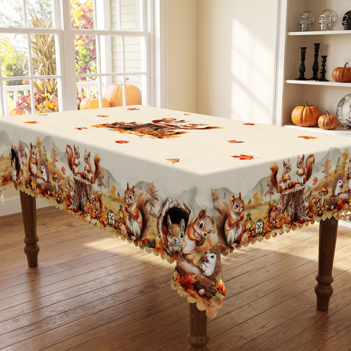 Autumn Squirrel Harvest Tablecloth, Decorative Dining Table Cover for Dining, Thanksgiving & Fall Home Decor - BQ015-140 - image 5