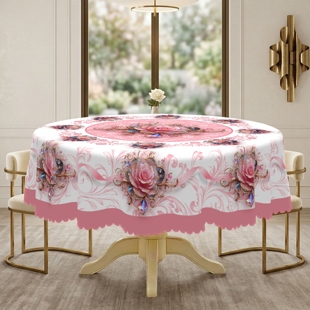 Pink Rose 3D Floral Round Tablecloth, Decorative Dining Table Cover for Dining Room, Party & Elegant Home Decor - BH003-1-152R - image 5