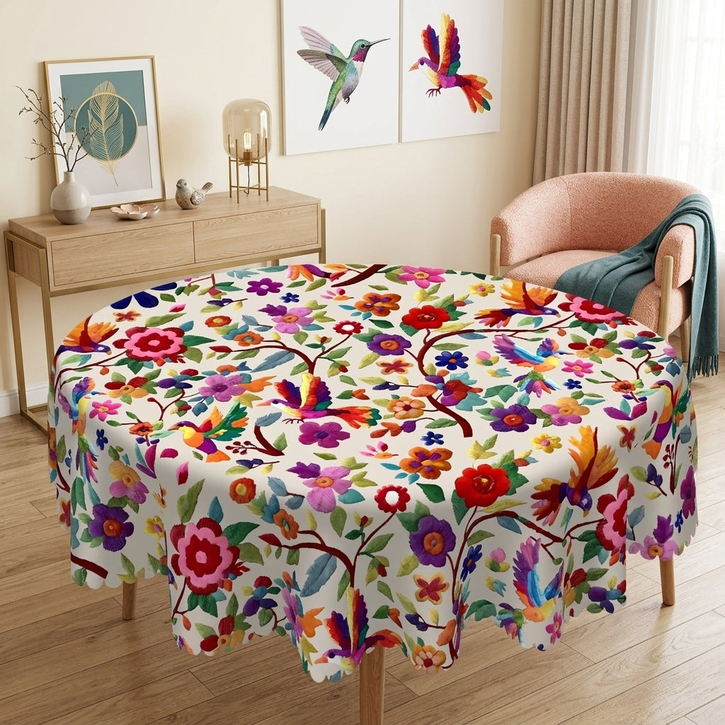 Mexican Colorful Floral Round Tablecloth, Decorative Dining Table Cover for Dining, Party, Patio & Colorful Home Decor - MEX001-1-152R - image 5