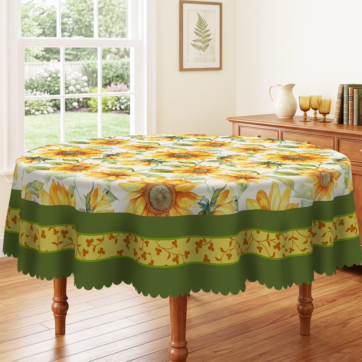 Sunflower Green Border Round Tablecloth, Decorative Dining Table Cover for Dining Room, Patio & Garden Parties - BH006-152R - image 5
