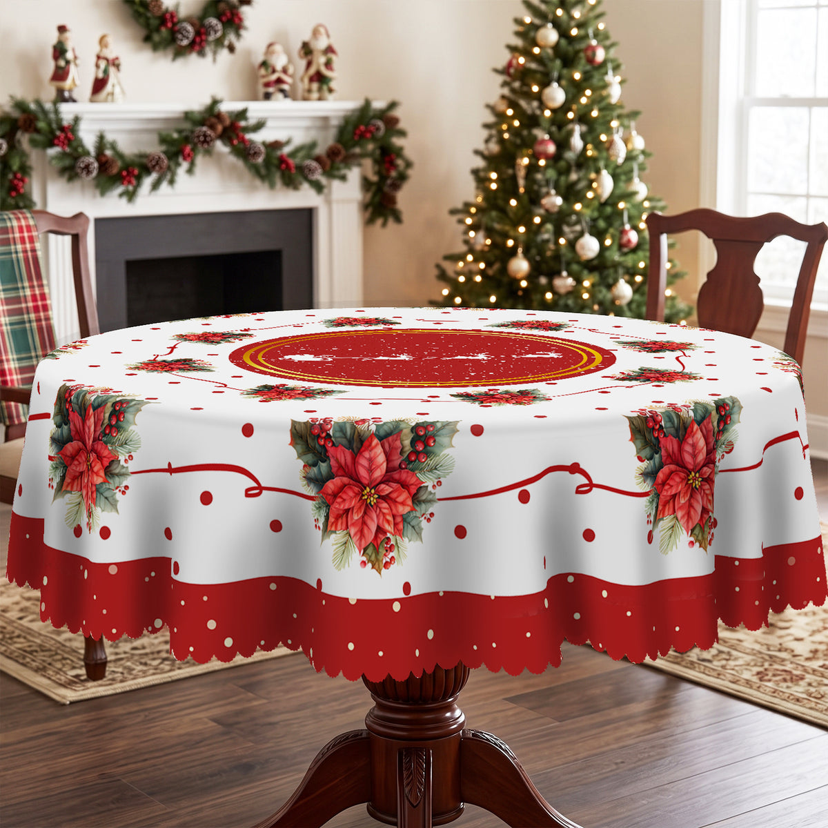 Christmas Red Rose Medallion Round Tablecloth, Decorative Dining Table Cover for Dining, Holiday Parties & Christmas Decor - H138-152R - image 5