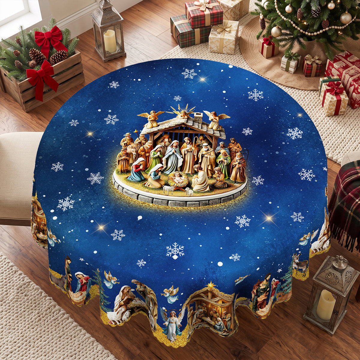 Blue Starry Nativity Round Tablecloth, Decorative Dining Table Cover for Dining, Holiday Parties & Christmas Decor - BS042-180R - image 5