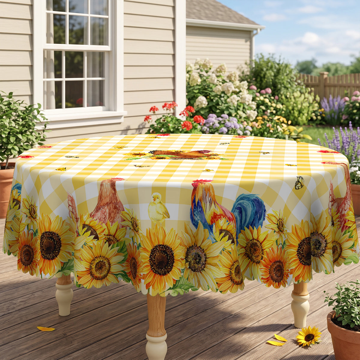 Sunflower Gingham Chicken Round Tablecloth, Decorative Dining Table Cover for Kitchen, Dining & Farmhouse Home Decor - N343-1-152R - image 5