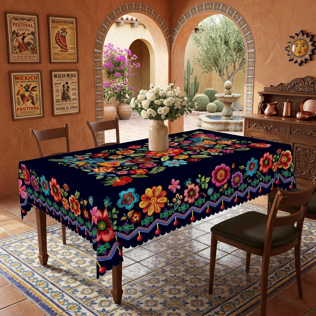 Navy Folk Floral Tablecloth, Decorative Dining Table Cover for Dining Room, Kitchen & Boho Home Decor - BH017-1-140 - image 5