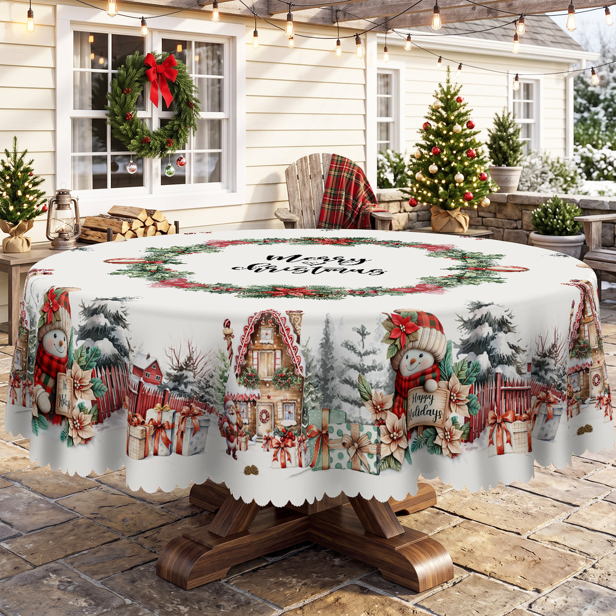 Christmas Snowman Village Round Tablecloth, Decorative Dining Table Cover for Dining, Holiday Parties & Christmas Decor - BS010-180R - image 5