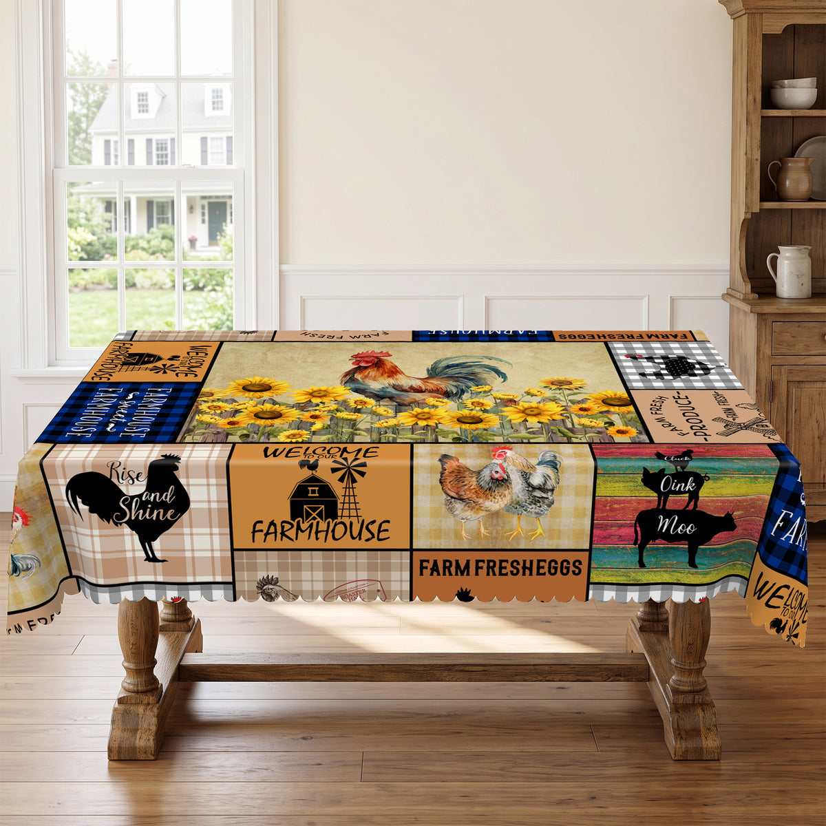 Farm Rooster Patchwork Tablecloth, Decorative Dining Table Cover for Kitchen, Dining & Farmhouse Home Decor - N58-220 - image 5